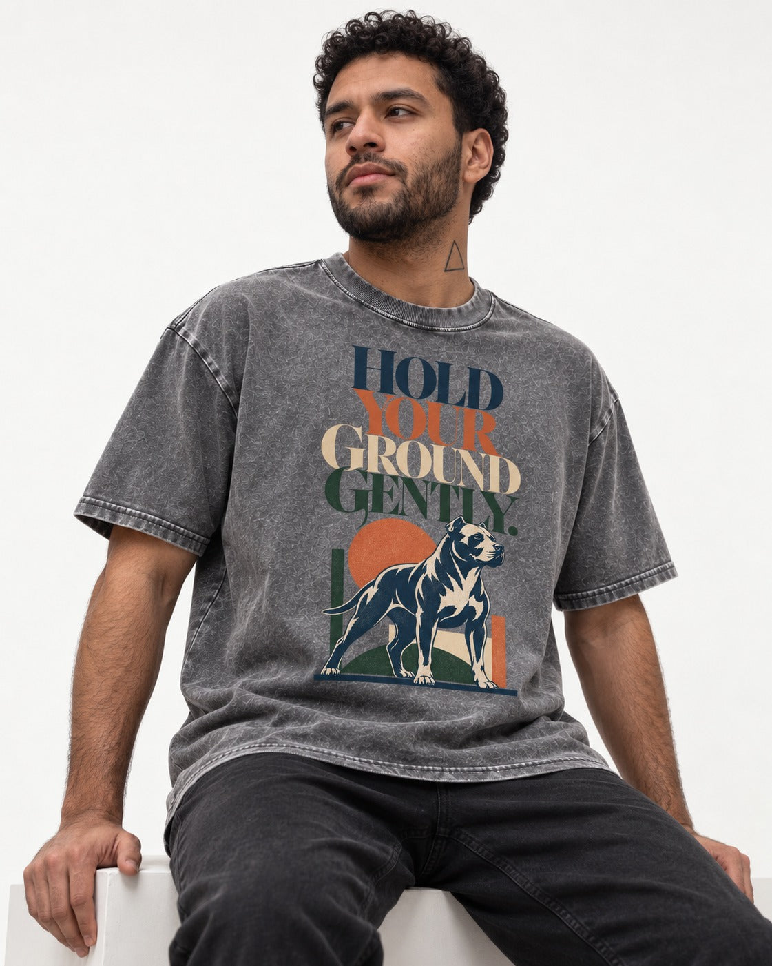 Pitbull Hold Your Ground Gently Standing Dog Graphic Washed Tee in Gray, worn by a seated model