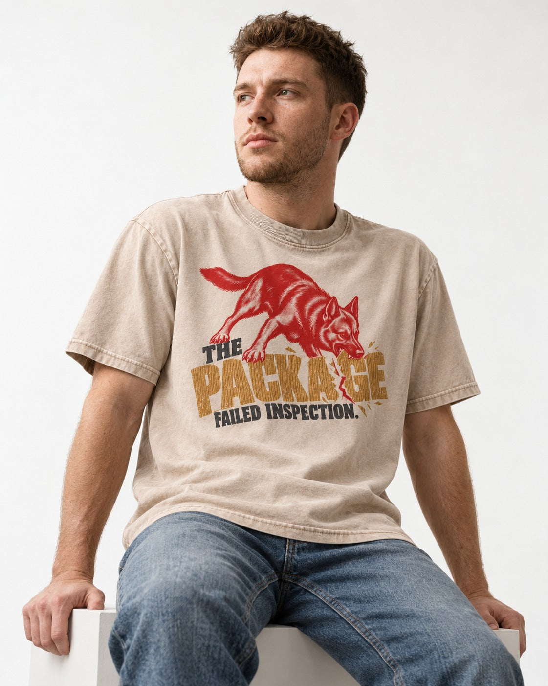The Package Failed Inspection German Shepherd Dog Washed Tee in Apricot, worn by a seated model