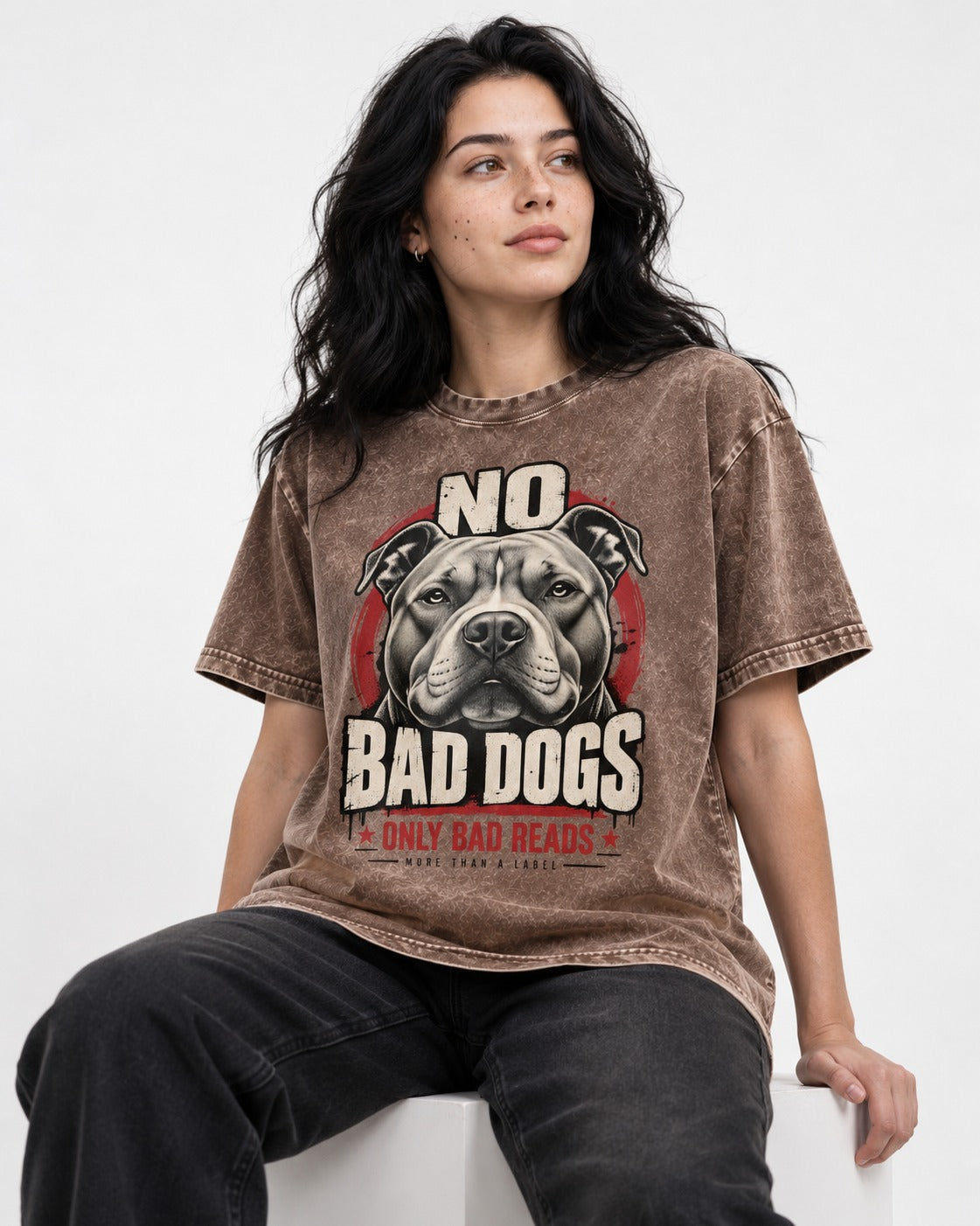 Pitbull Only Bad Reads Washed Tee in Coffee, worn by a seated model