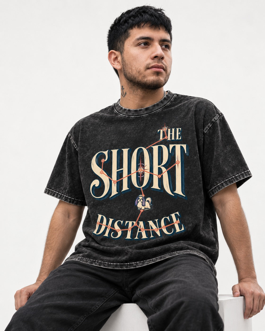Shih Tzu The Short Distance Route Graphic Washed Tee in Black, worn by a seated model