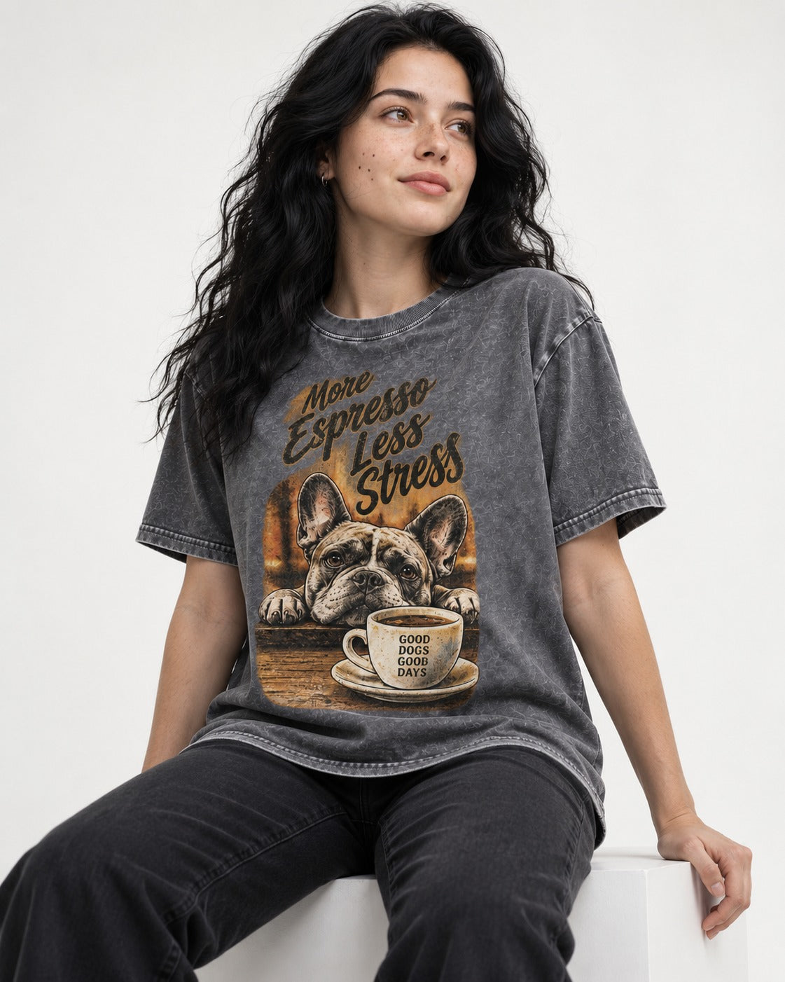 Frenchie More Espresso Less Stress Washed Tee in Gray, worn by a seated model