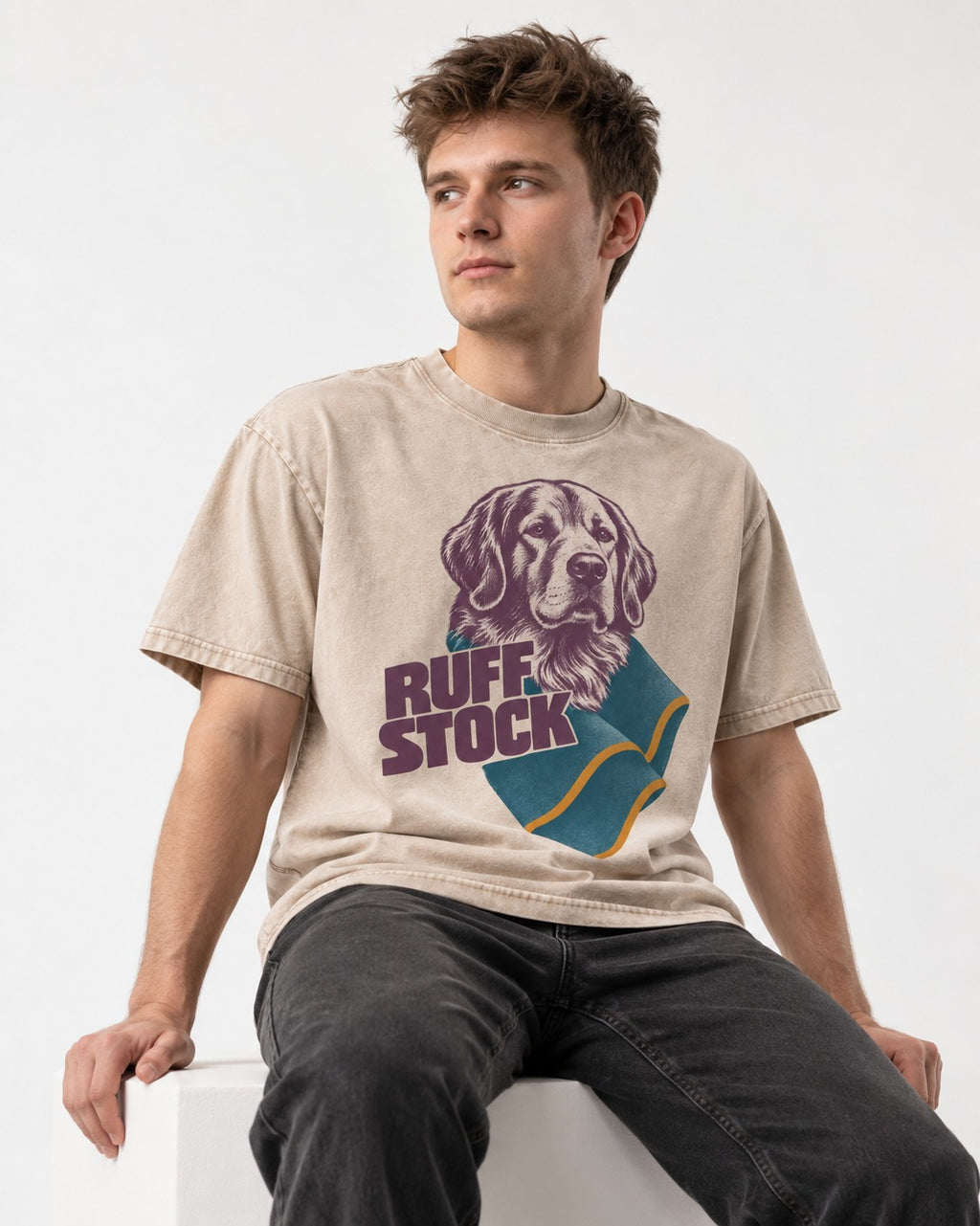 Golden Retriever Ruff Stock Washed Tee in Apricot, worn by a seated model