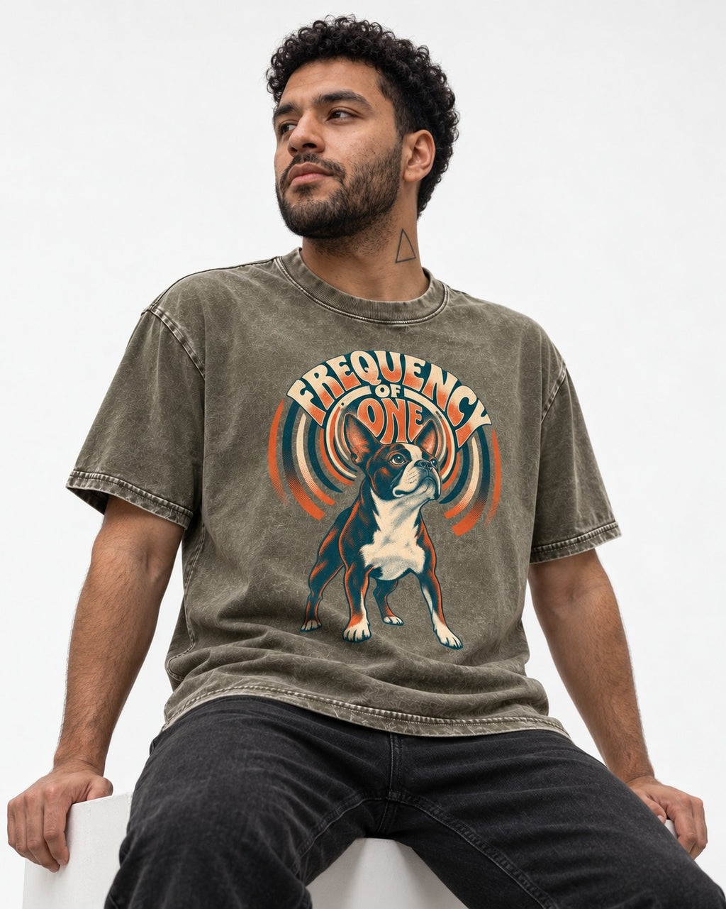 Frequency of One Boston Terrier Graphic Washed Tee in Army Green, worn by a seated model