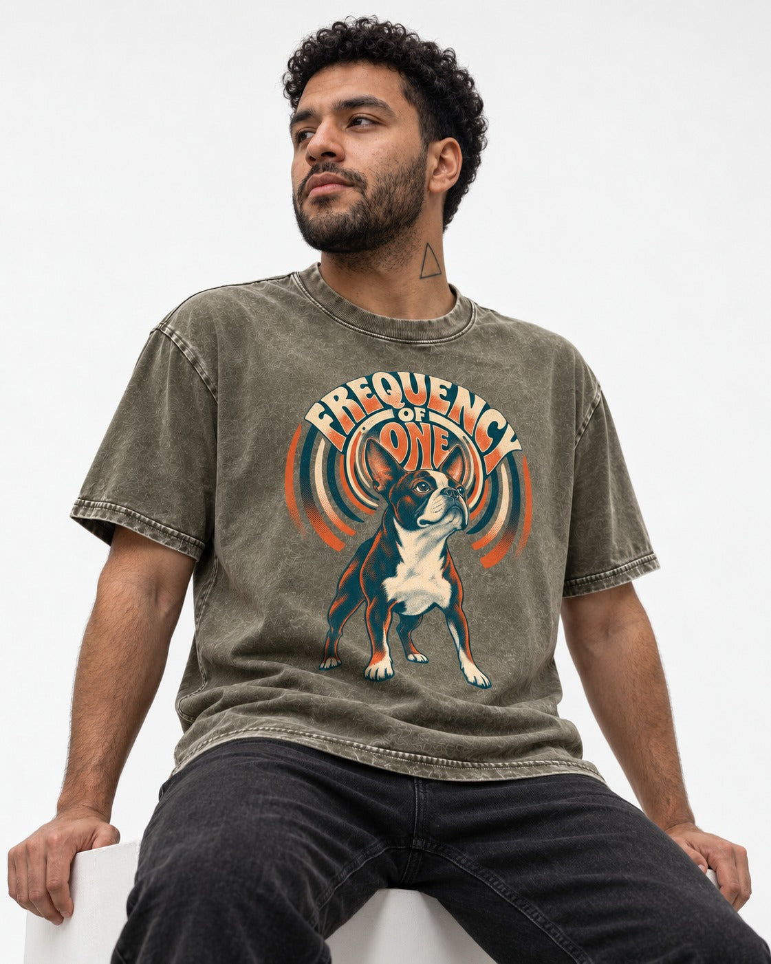Frequency of One Boston Terrier Graphic Washed Tee in Army Green, worn by a seated model