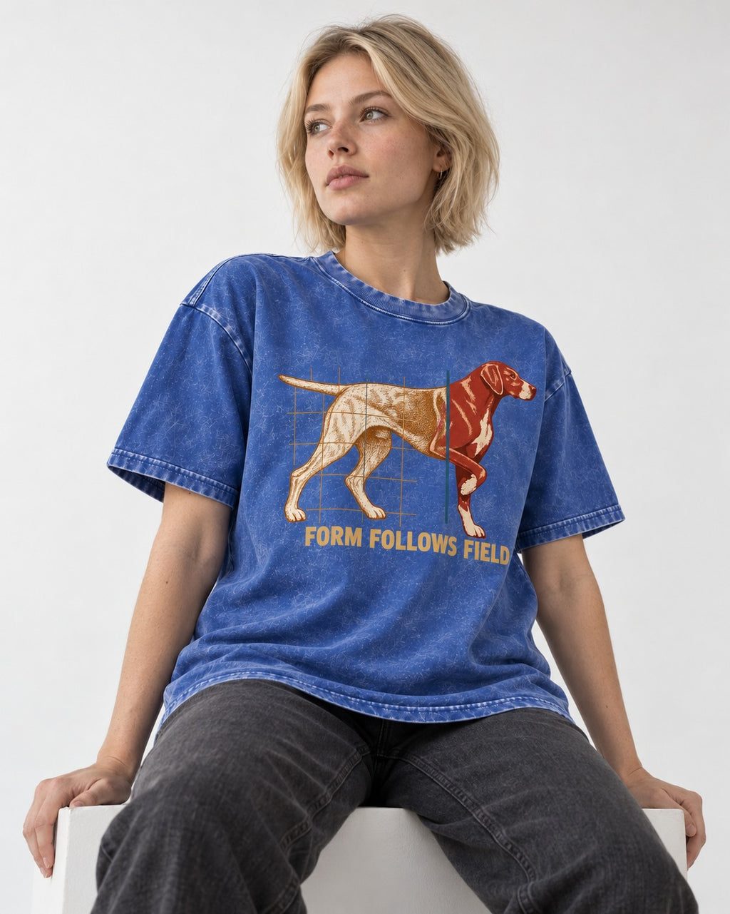 German Shorthaired Pointer Form Follows Field Grid Graphic Washed Tee in Royal Blue, worn by a seated model