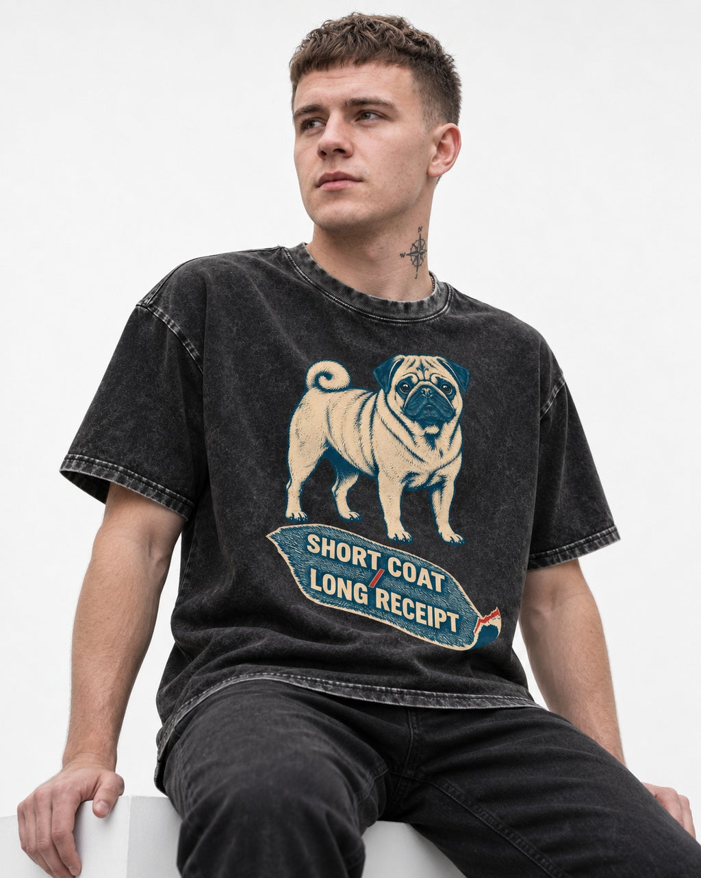 Pug Short Coat Long Receipt Graphic Washed Tee in Black, worn by a seated model