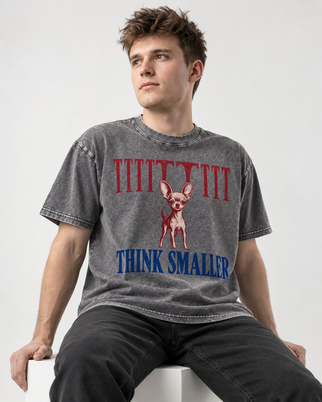 Think Smaller Chihuahua Washed Tee in Gray, worn by a seated model