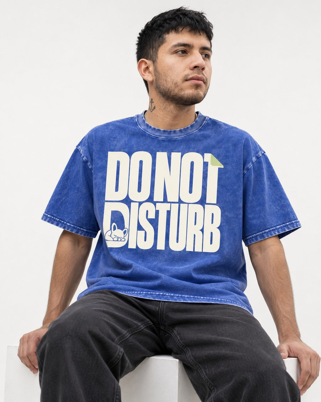 Frenchie Do Not Disturb Hidden Sleeping Graphic Washed Tee in Royal Blue, worn by a seated model