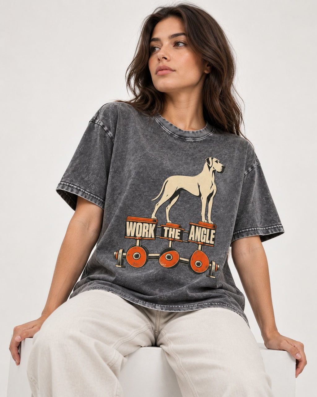 Great Dane Work the Angle Washed Tee in Gray, worn by a seated model