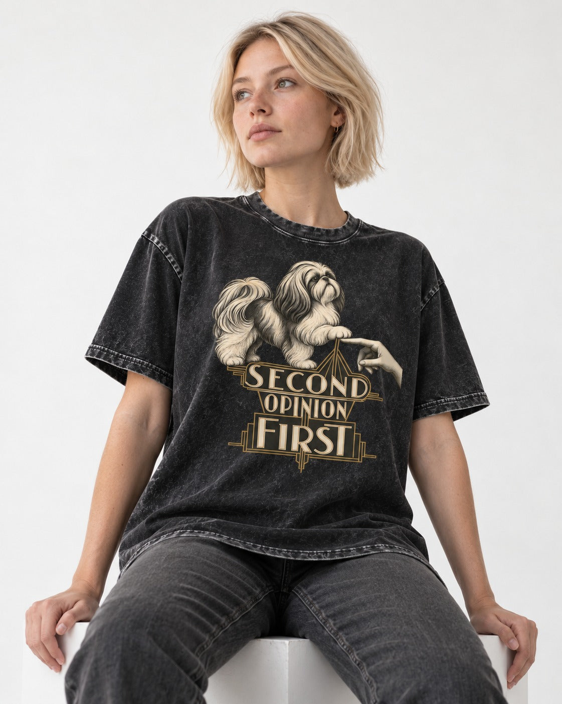 Shih Tzu Second Opinion First Art Deco Graphic Washed Tee in Black, worn by a seated model