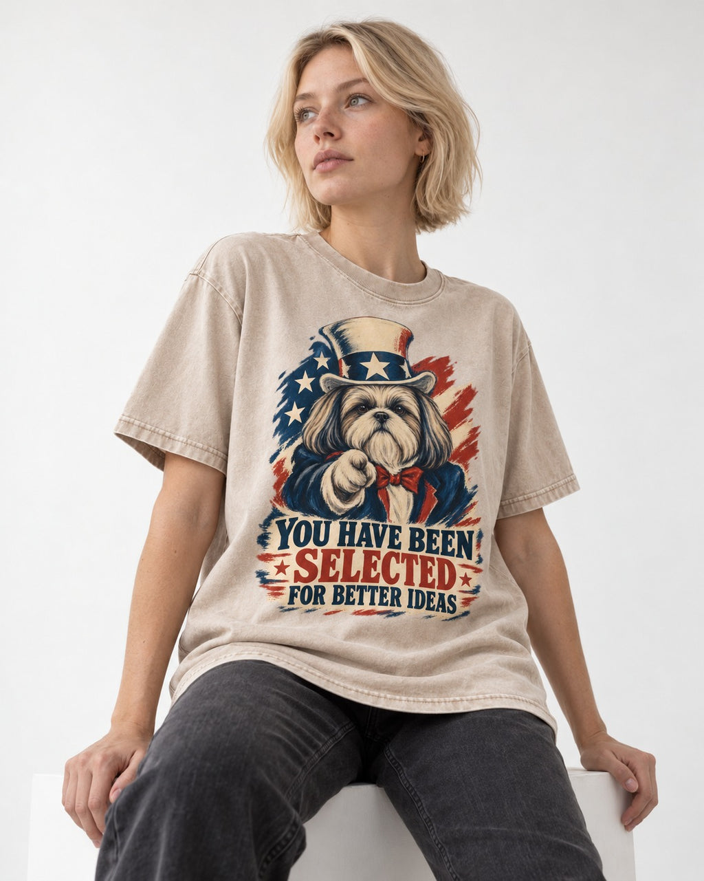 Shih Tzu You Have Been Selected Uncle Sam Graphic Washed Tee in Apricot, worn by a seated model