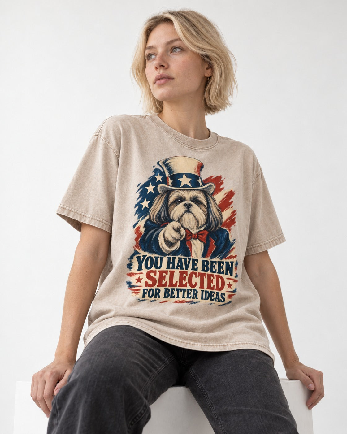 Shih Tzu You Have Been Selected Uncle Sam Graphic Washed Tee in Apricot, worn by a seated model