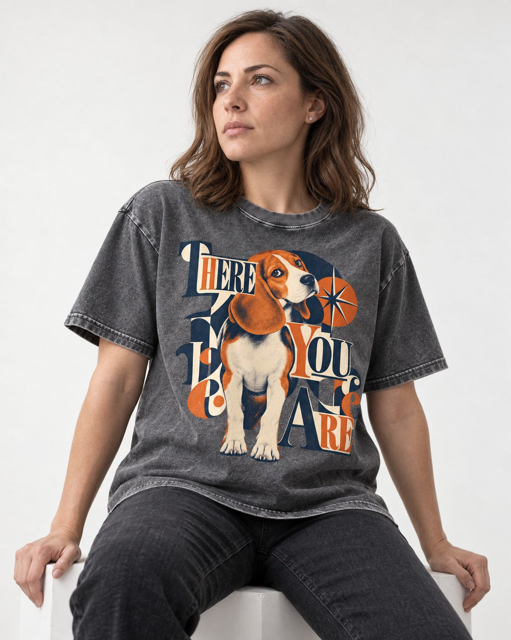 There You Are Beagle Washed Tee in Gray, worn by a seated model