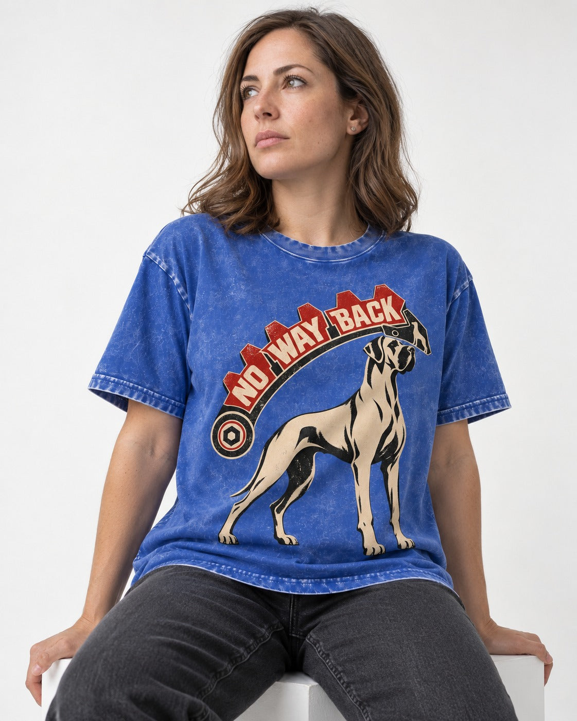 Great Dane No Way Back Arrow Graphic Washed Tee in Royal Blue, worn by a seated model