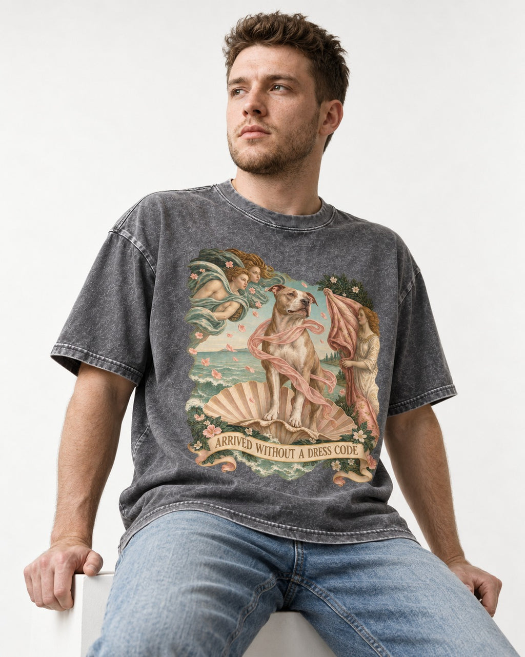 Pitbull Arrived Without a Dress Code Venus Parody Graphic Washed Tee in Gray, worn by a seated model