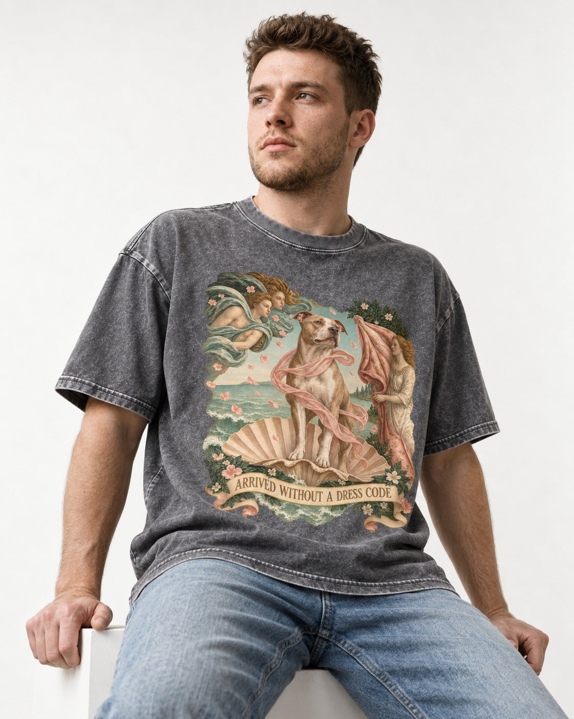 Pitbull Arrived Without a Dress Code Venus Parody Graphic Washed Tee in Gray, worn by a seated model