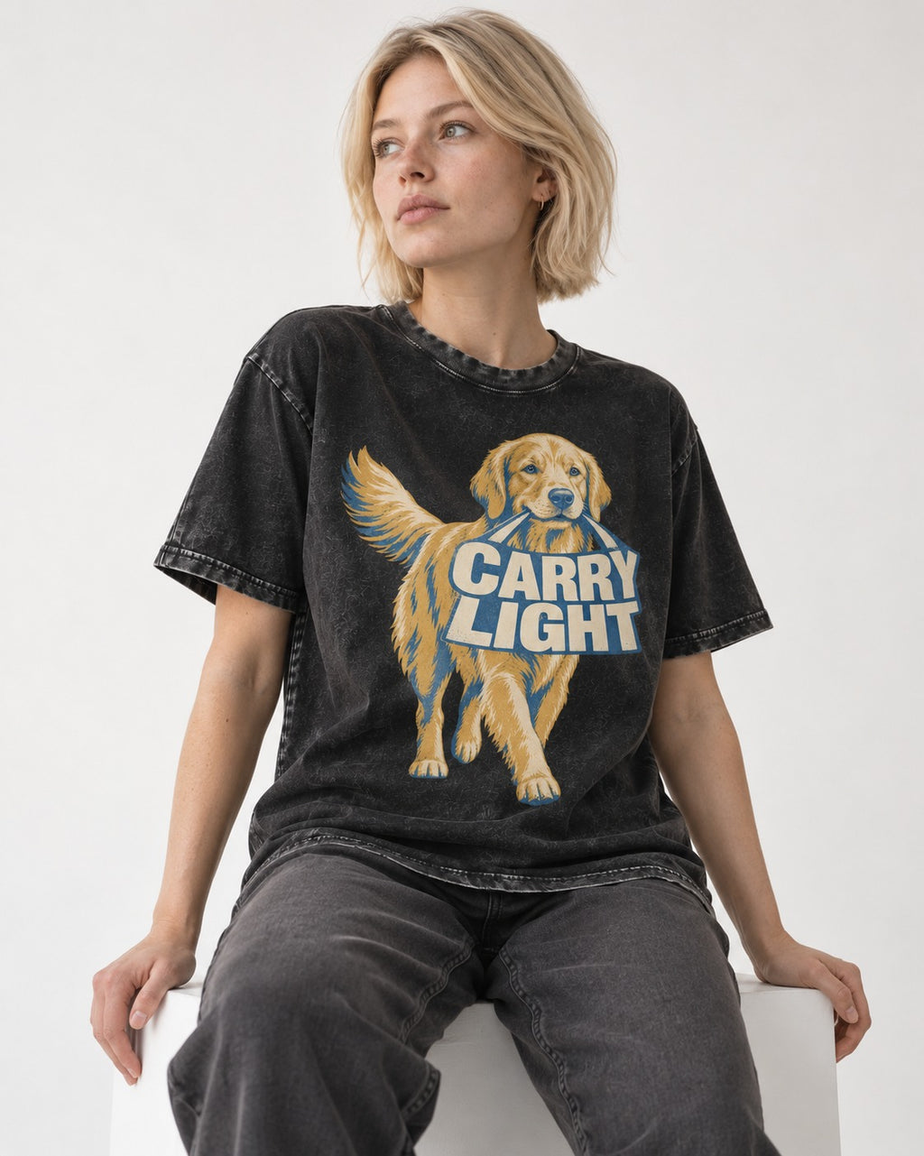Golden Retriever Carry Light Sign Graphic Washed Tee in Black, worn by a seated model