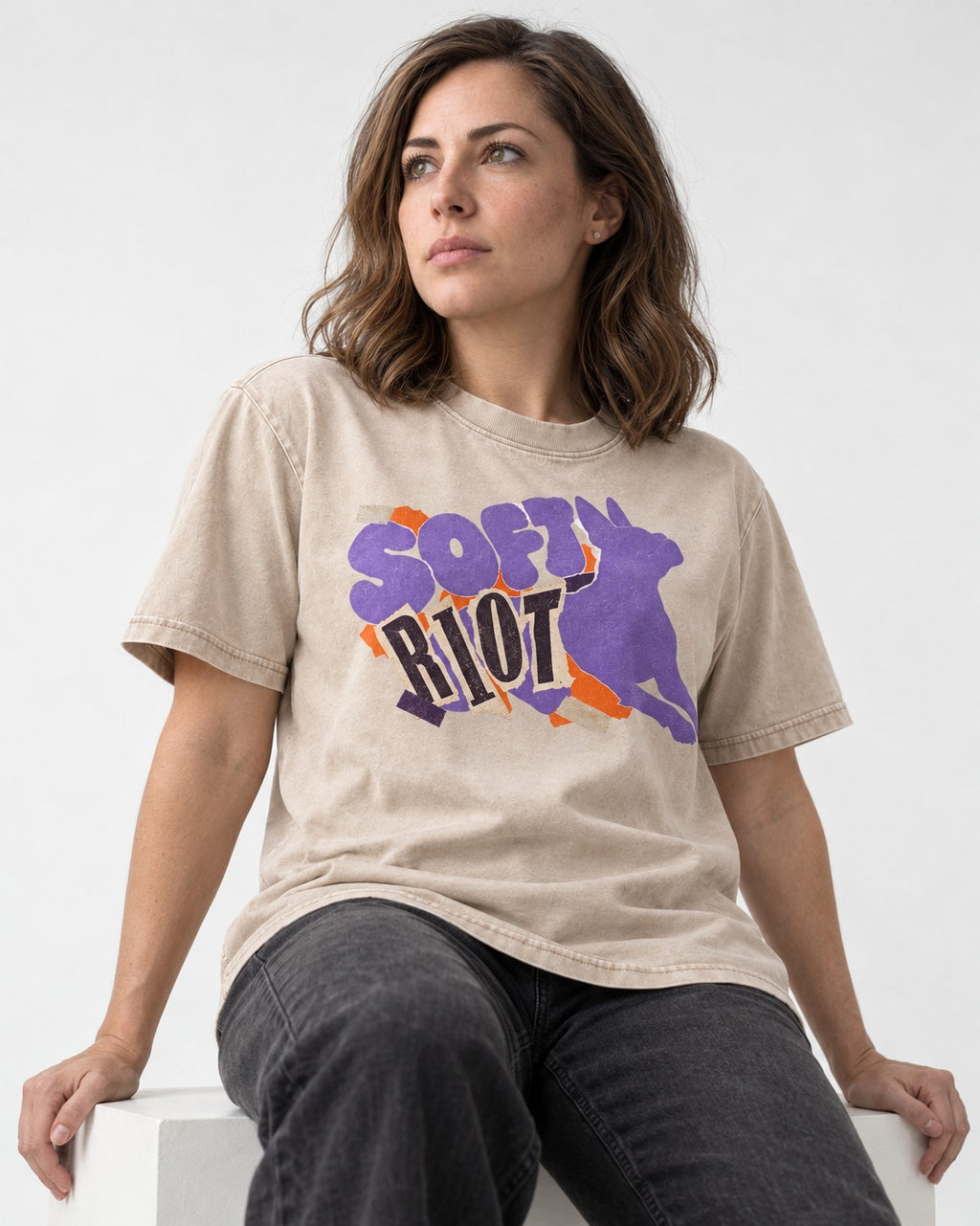 Soft Riot Boston Terrier Graphic Washed Tee in Apricot, worn by a seated model