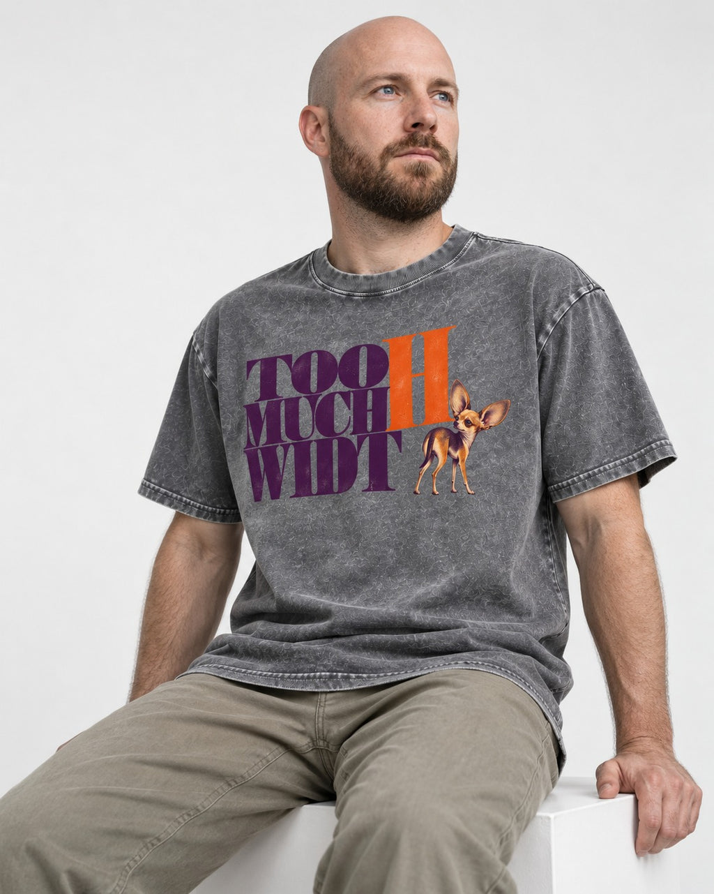 Too Much Width Chihuahua Washed Tee in Gray, worn by a seated model