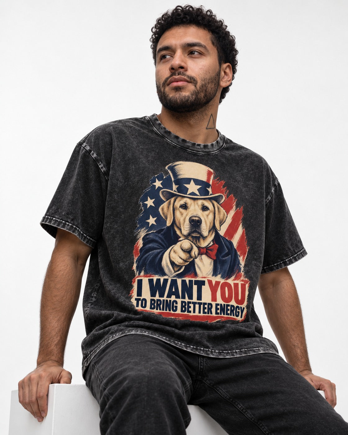 Labrador Retriever I Want You to Bring Better Energy Uncle Sam Graphic Washed Tee in Black, worn by a seated model