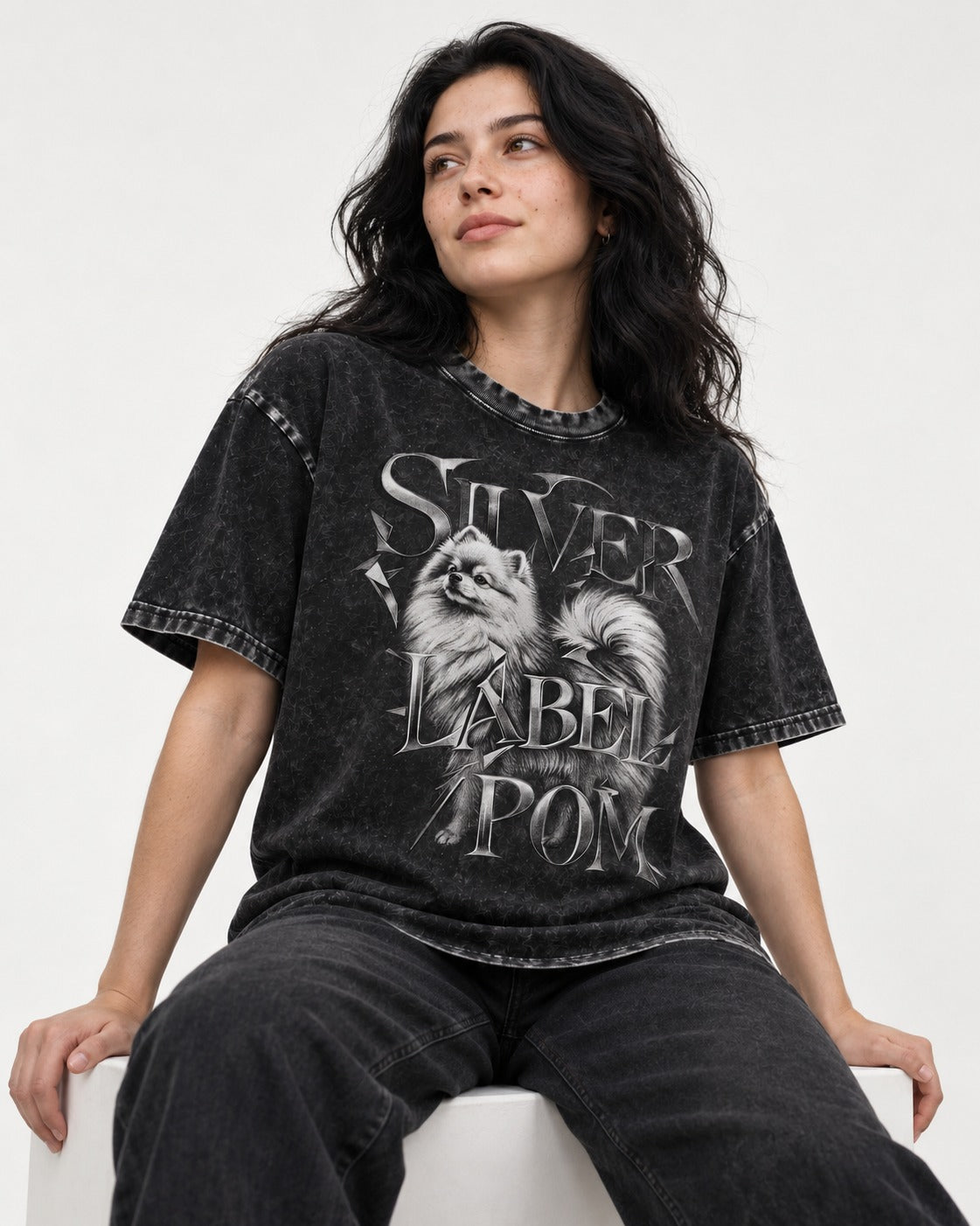 Pomeranian Silver Label Metallic Typography Graphic Washed Tee in Black, worn by a seated model