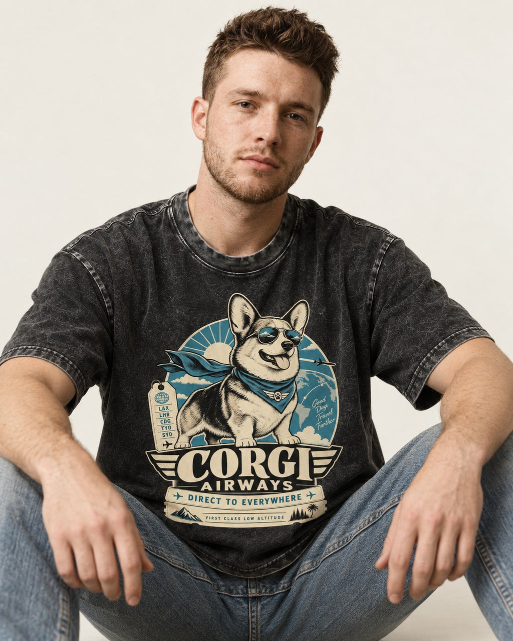Corgi Airways Direct to Everywhere Badge Washed Tee in Black, worn by a seated model