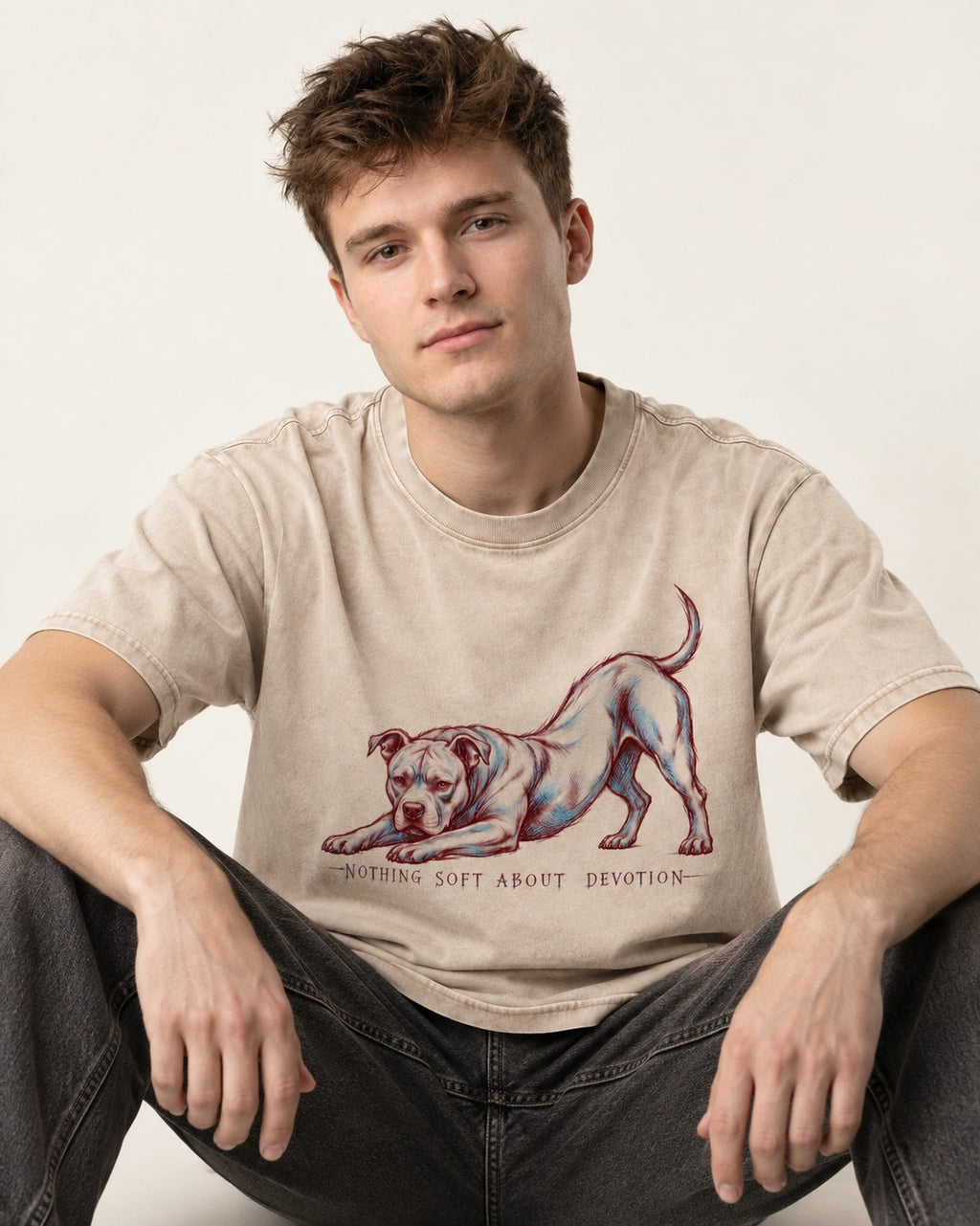 Nothing Soft About Pitbull Devotion Washed Tee in Apricot, worn by a seated model