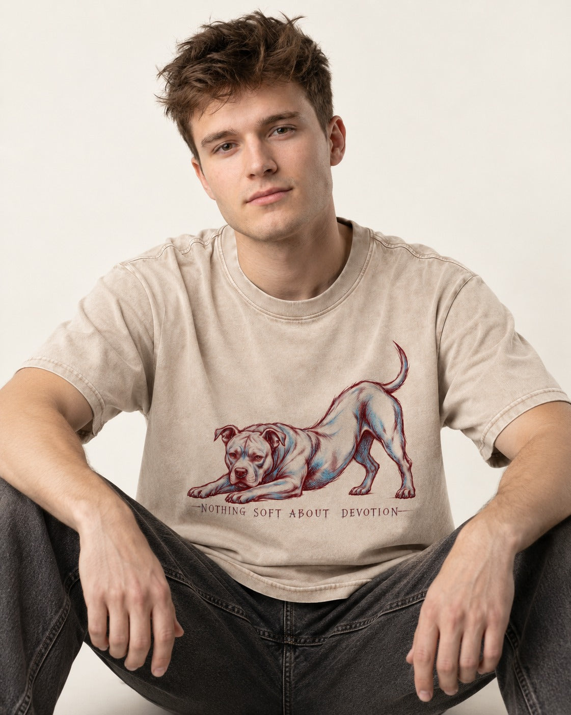 Nothing Soft About Pitbull Devotion Washed Tee in Apricot, worn by a seated model