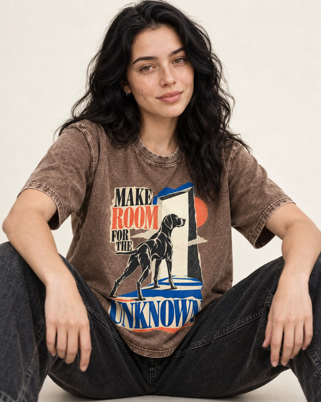 German Shorthaired Pointer Room for the Unknown Washed Tee in Coffee, worn by a seated model