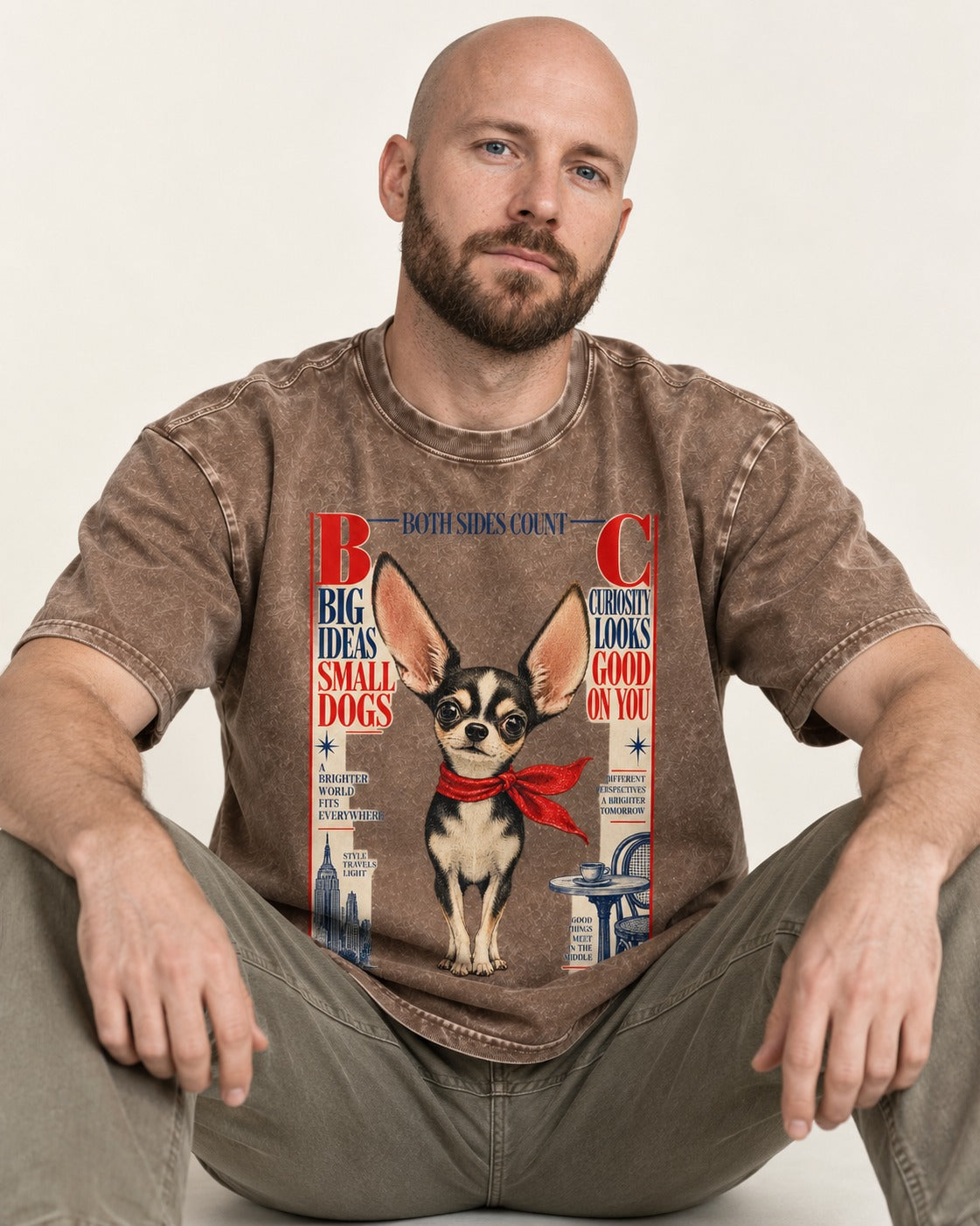 Chihuahua Big Ideas Washed Tee in Coffee, worn by a seated model