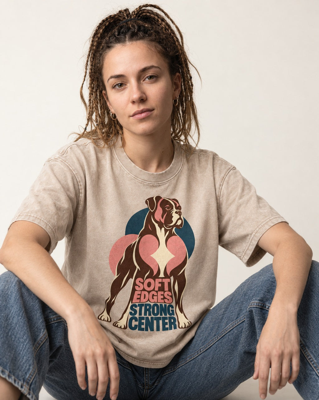 Boxer Soft Edges Strong Center Washed Tee in Apricot, worn by a seated model