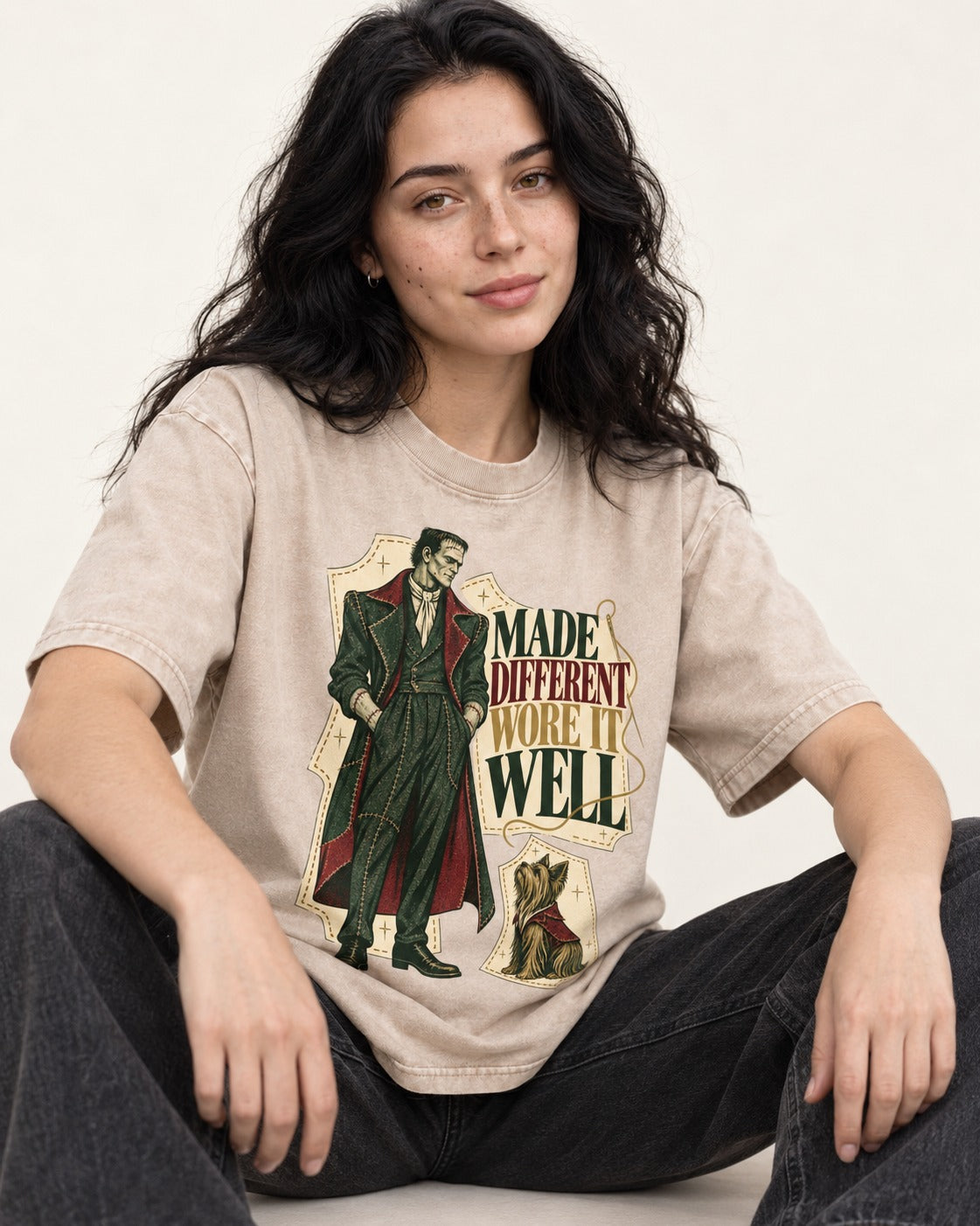 Yorkshire Terrier Made Different Washed Tee in Apricot, worn by a seated model