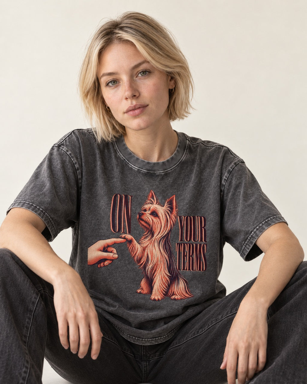 Yorkshire Terrier On Your Terms Washed Tee in Gray, worn by a seated model