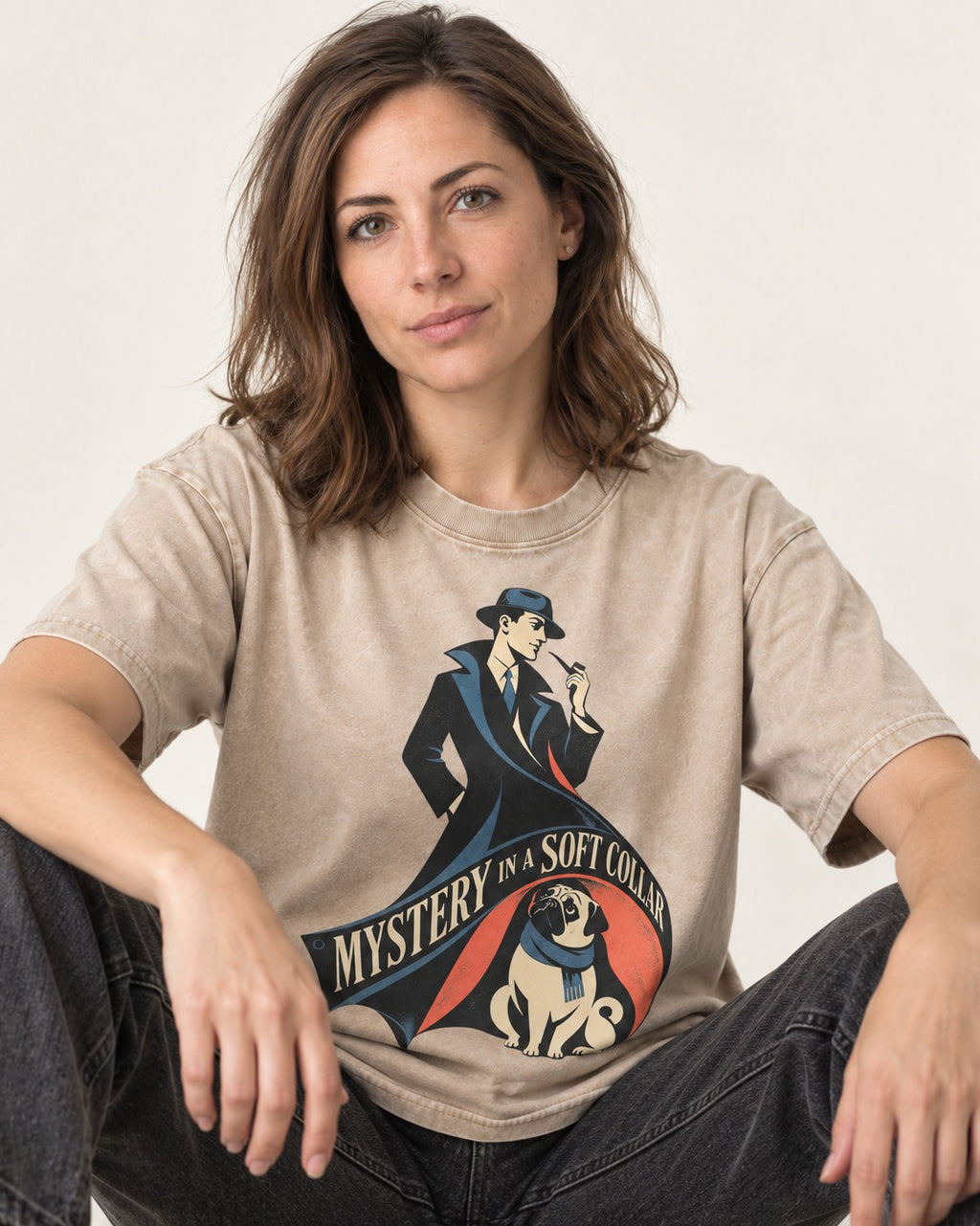Pug Soft Collar Mystery Washed Tee in Apricot, worn by a seated model