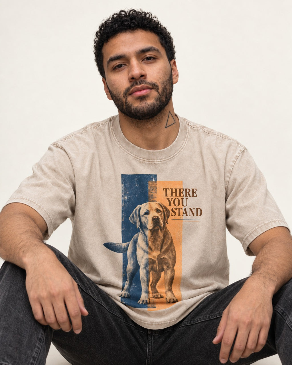 There You Stand Labrador Retriever Washed Tee in Apricot, worn by a seated model