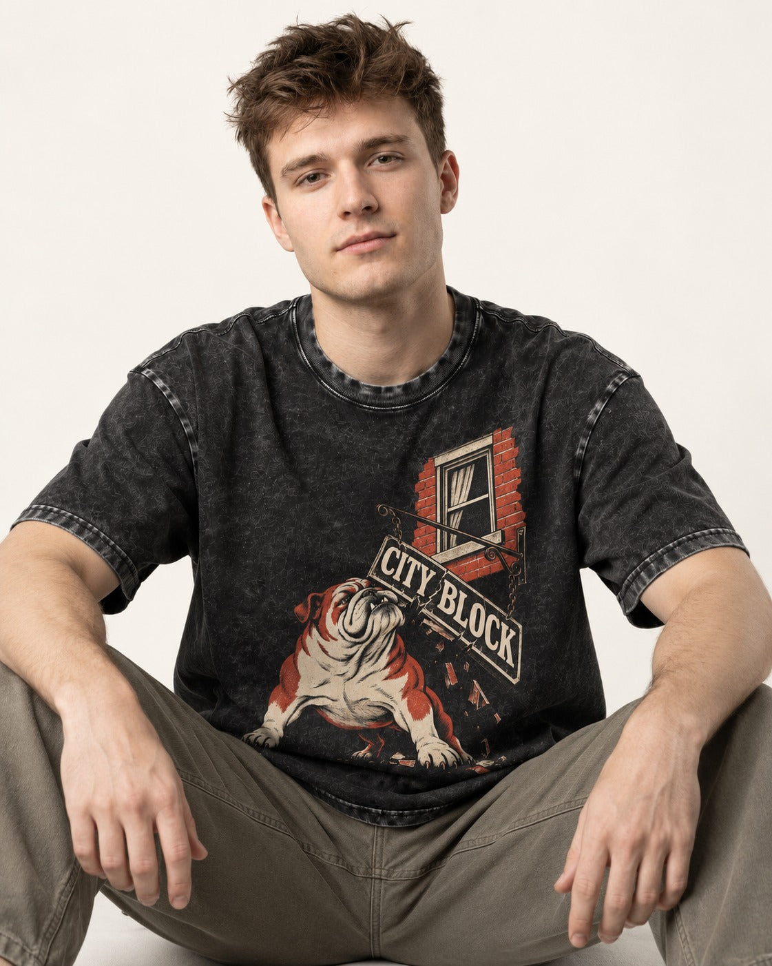 English Bulldog City Block Breaking Sign Graphic Washed Tee in Black, worn by a seated model