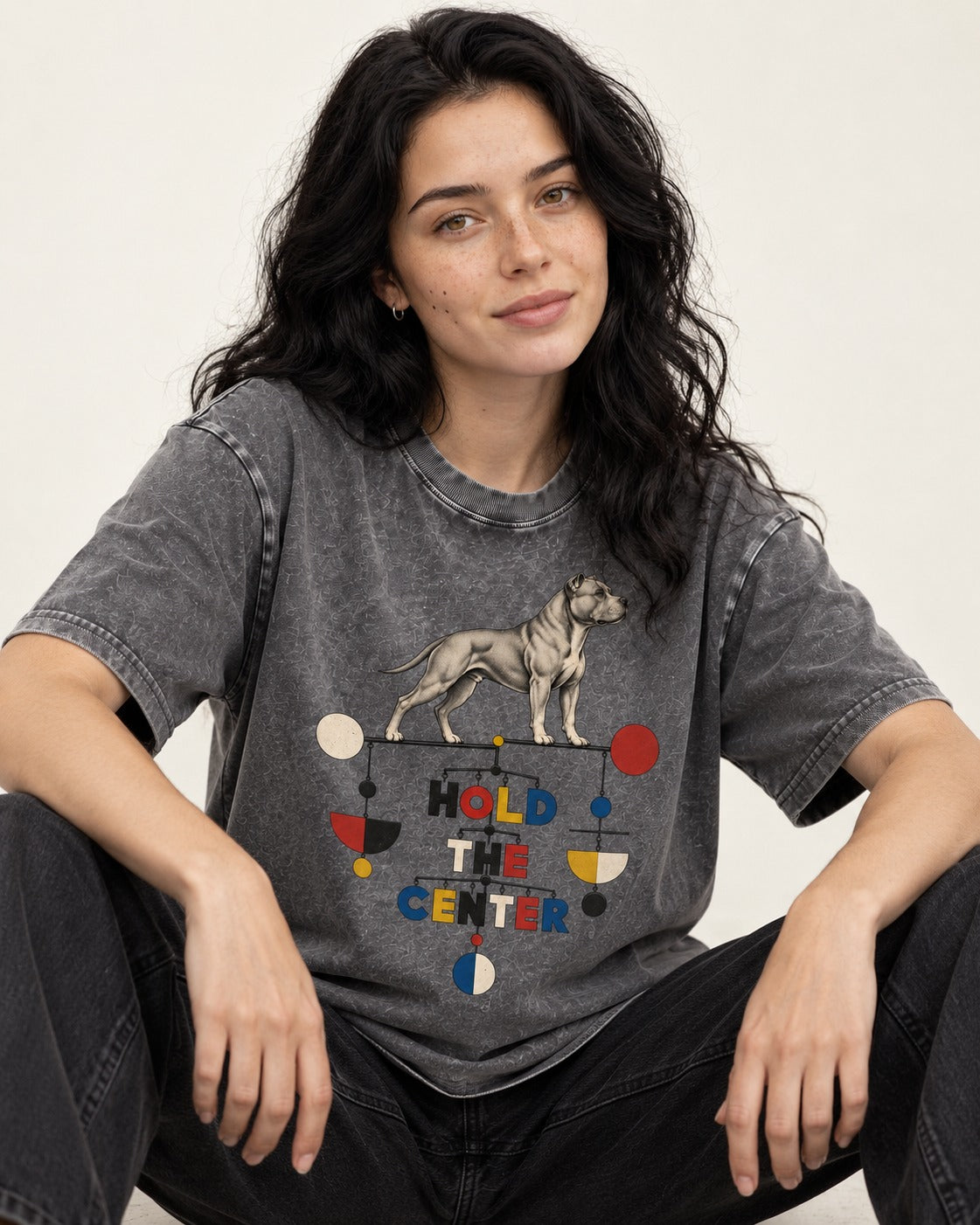 Pitbull Hold the Center Balance Mobile Graphic Washed Tee in Gray, worn by a seated model