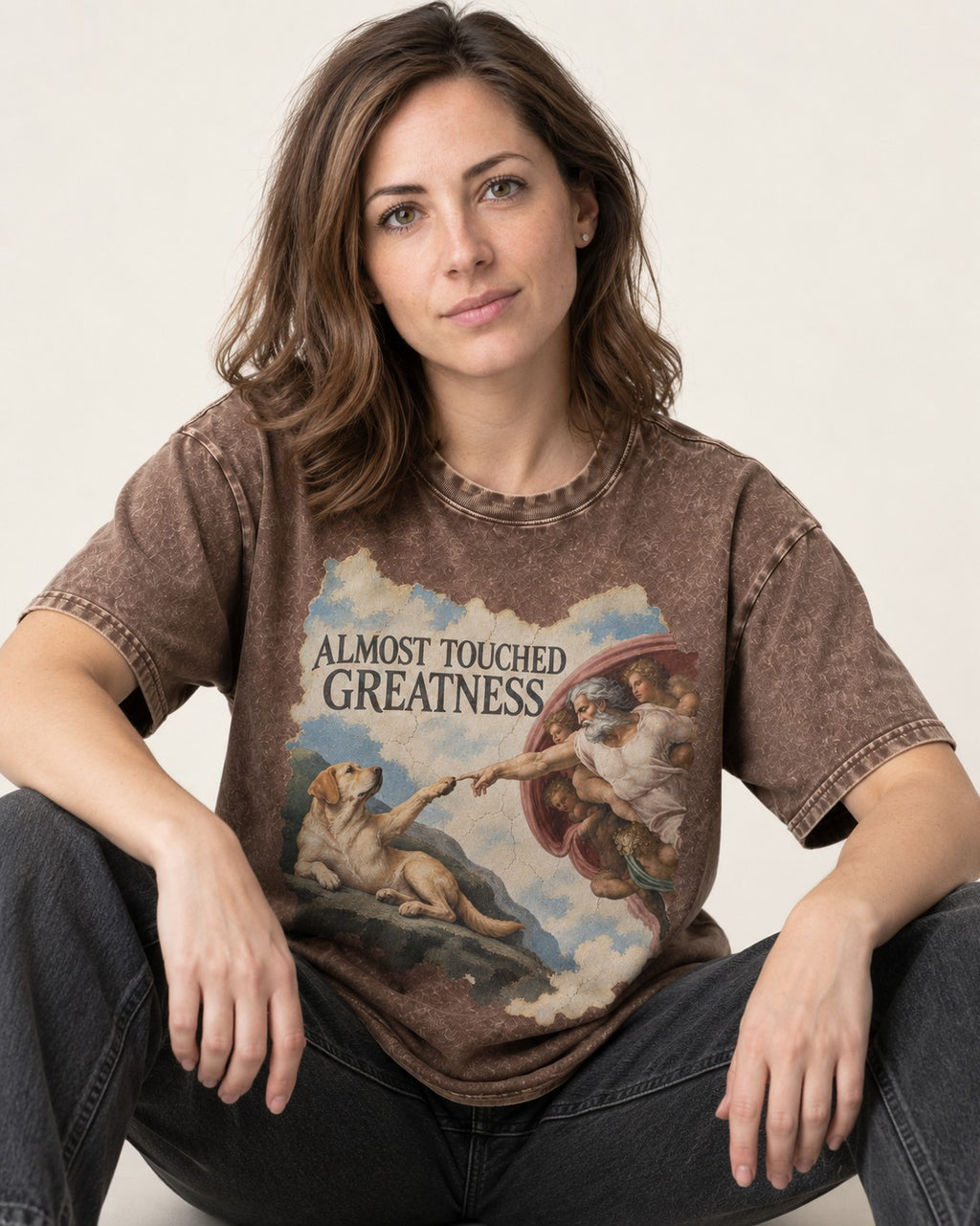 Labrador Retriever Almost Touched Greatness Washed Tee in Coffee, worn by a seated model