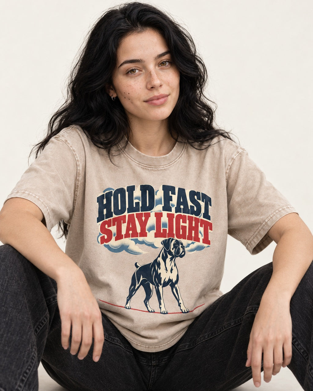 Hold Fast Stay Light Boxer Cloud Graphic Washed Tee in Apricot, worn by a seated model