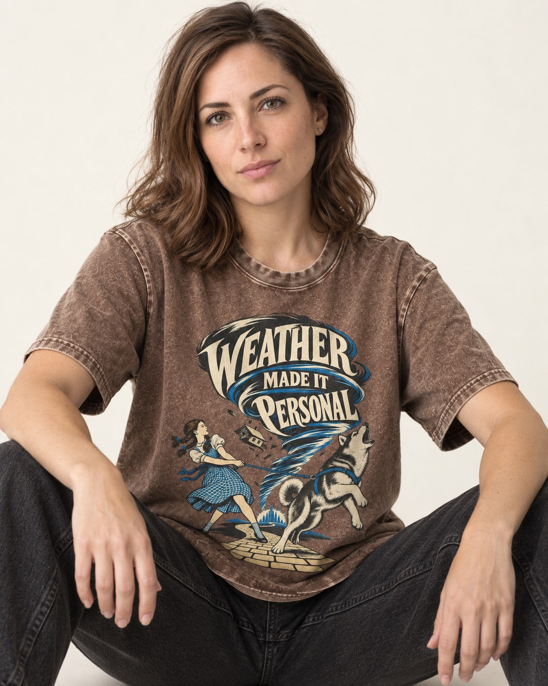Husky Weather Made It Personal Washed Tee in Coffee, worn by a seated model