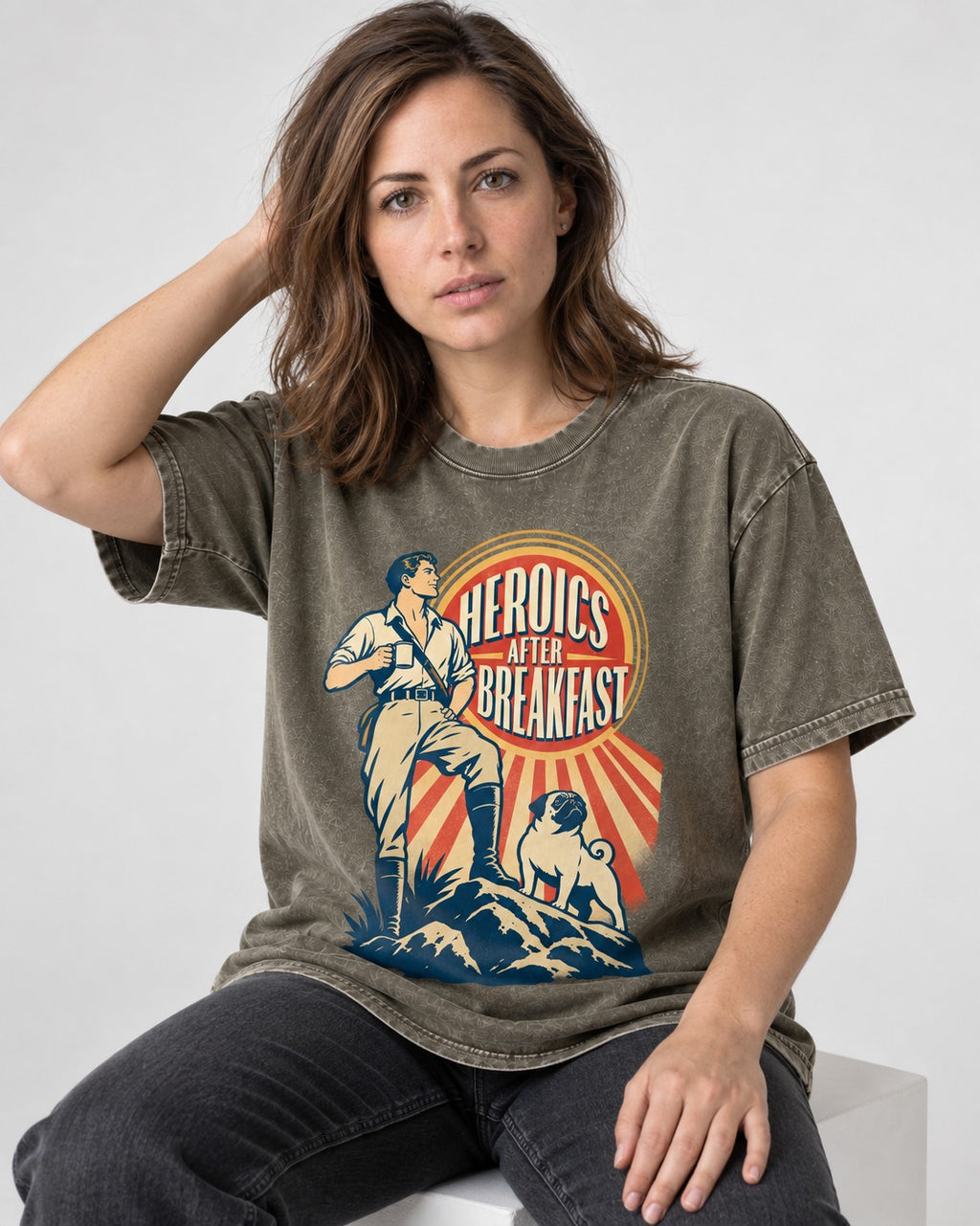 Pug Heroics After Breakfast Adventure Graphic Washed Tee in Army Green, worn by a seated model