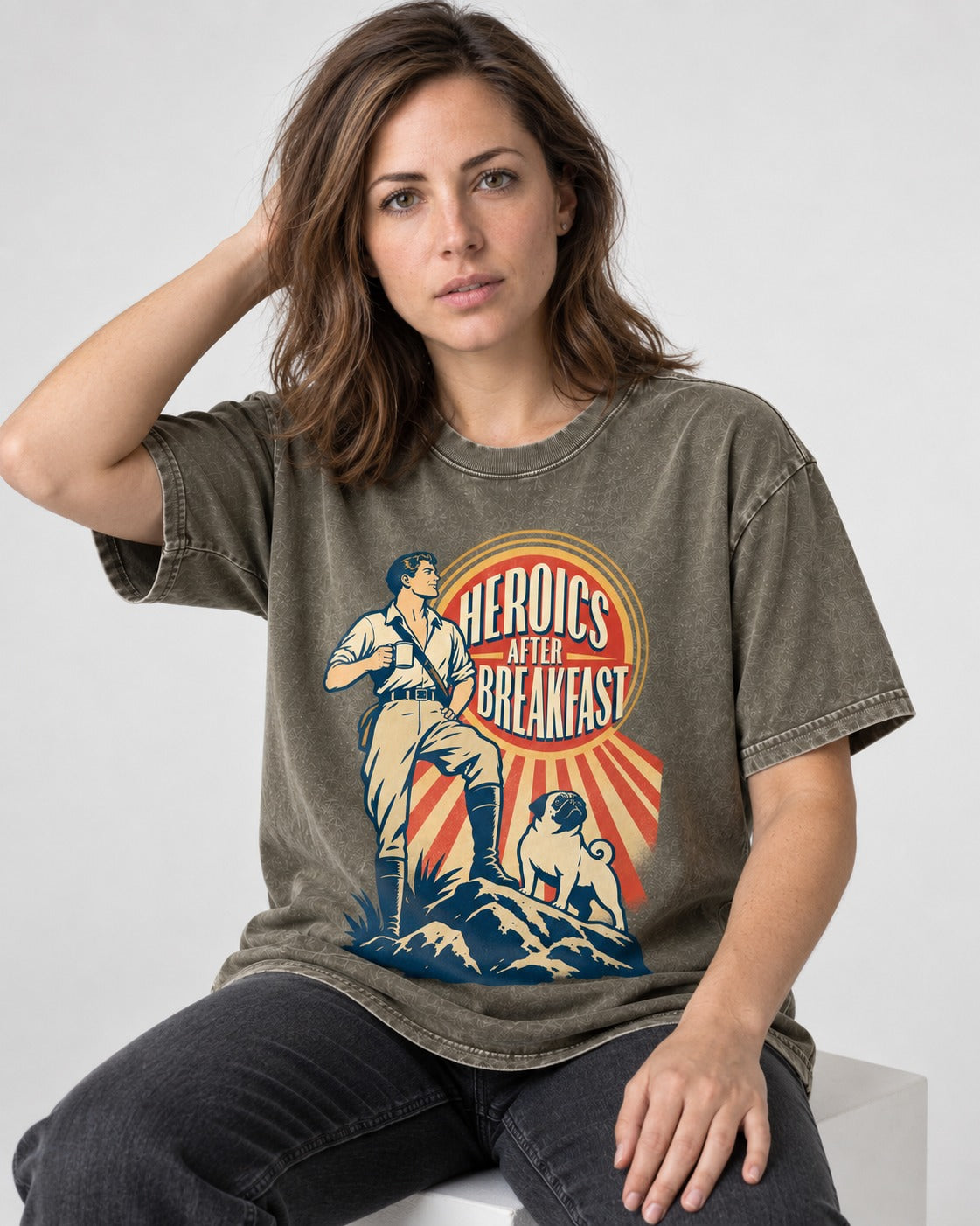 Pug Heroics After Breakfast Adventure Graphic Washed Tee in Army Green, worn by a seated model