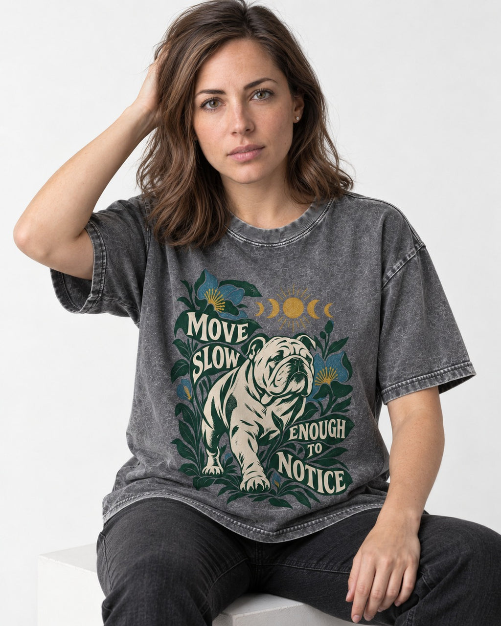 Move Slow English Bulldog Washed Tee in Gray, worn by a seated model