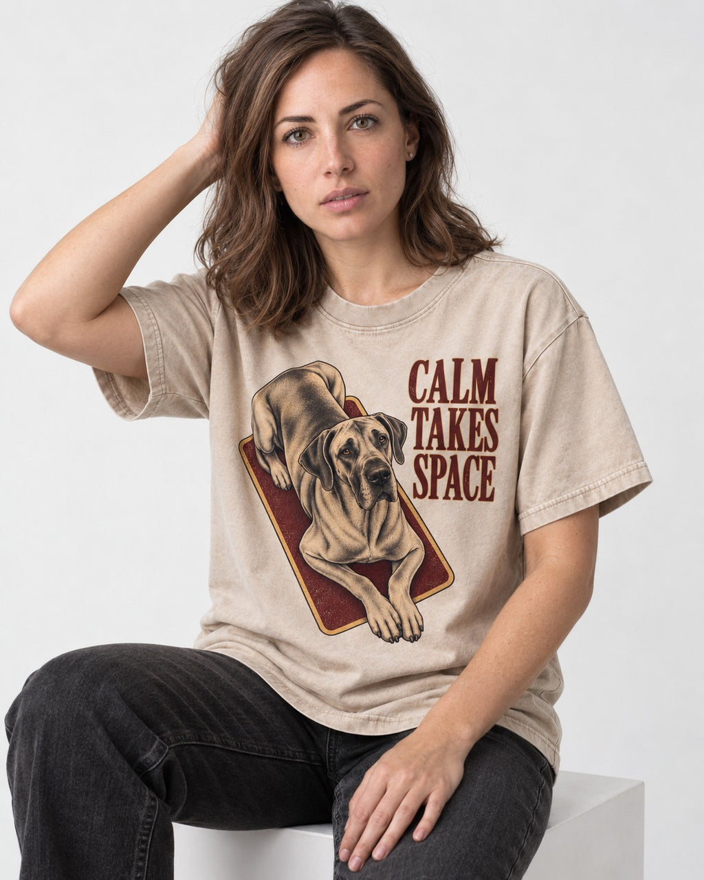 Great Dane Calm Takes Space Washed Tee in Apricot, worn by a seated model