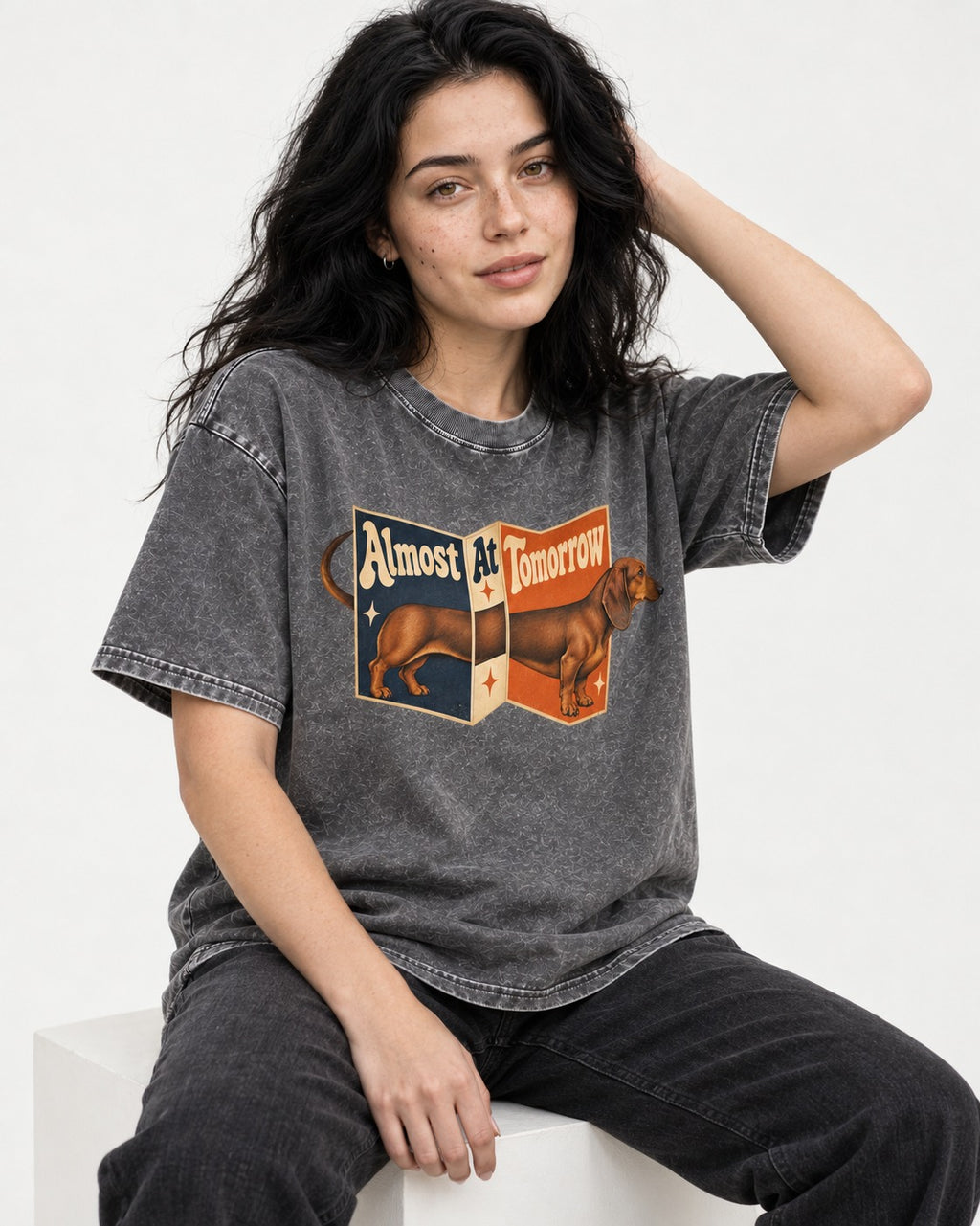 Dachshund Almost At Tomorrow Folding Screen Graphic Washed Tee in Gray, worn by a seated model
