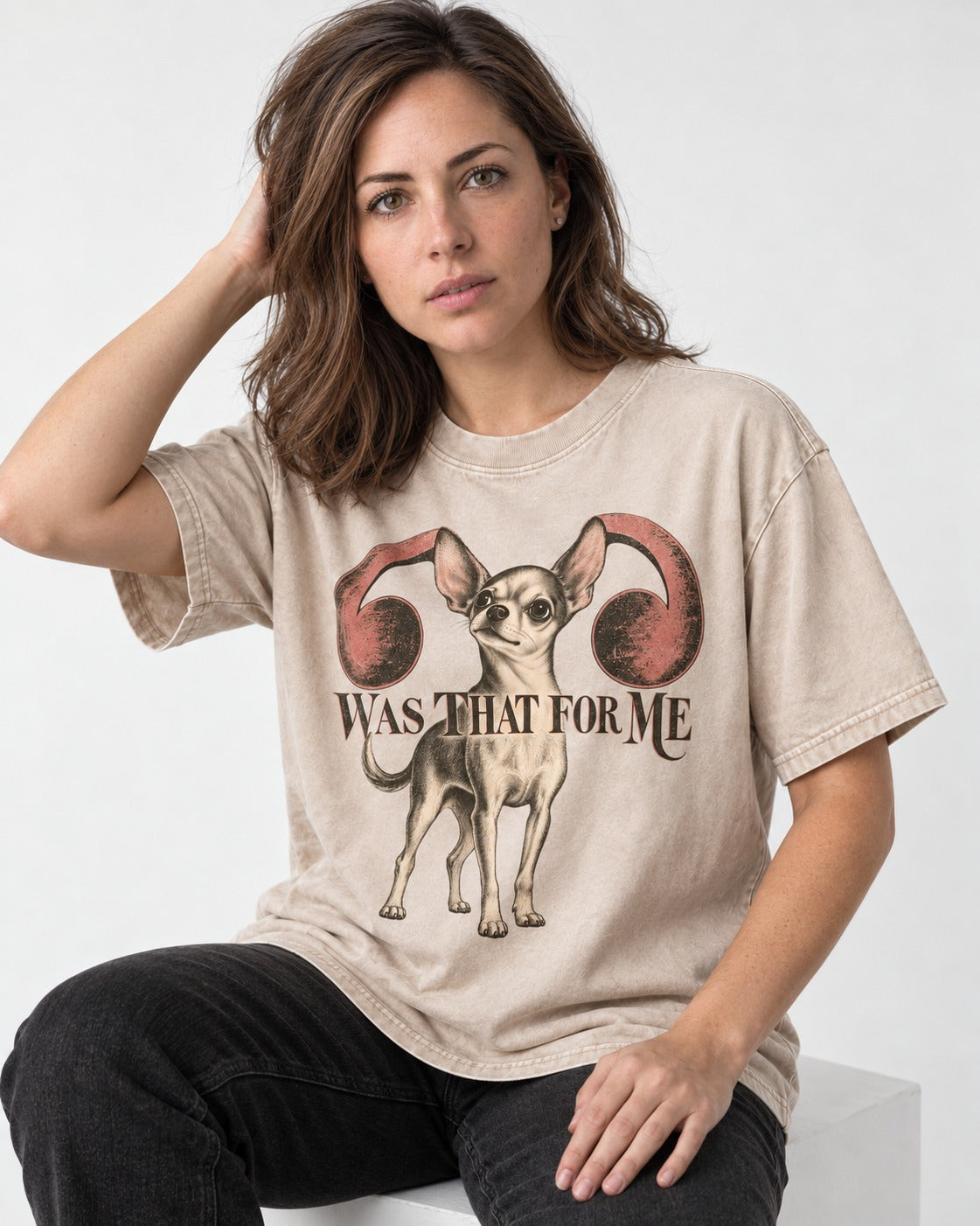Chihuahua Was That for Me Washed Tee in Apricot, worn by a seated model