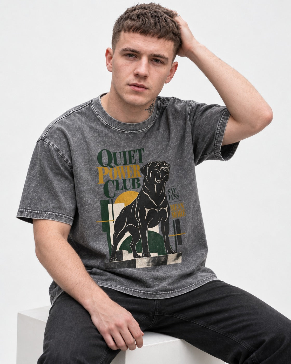 Rottweiler Quiet Power Club Washed Tee in Gray, worn by a seated model
