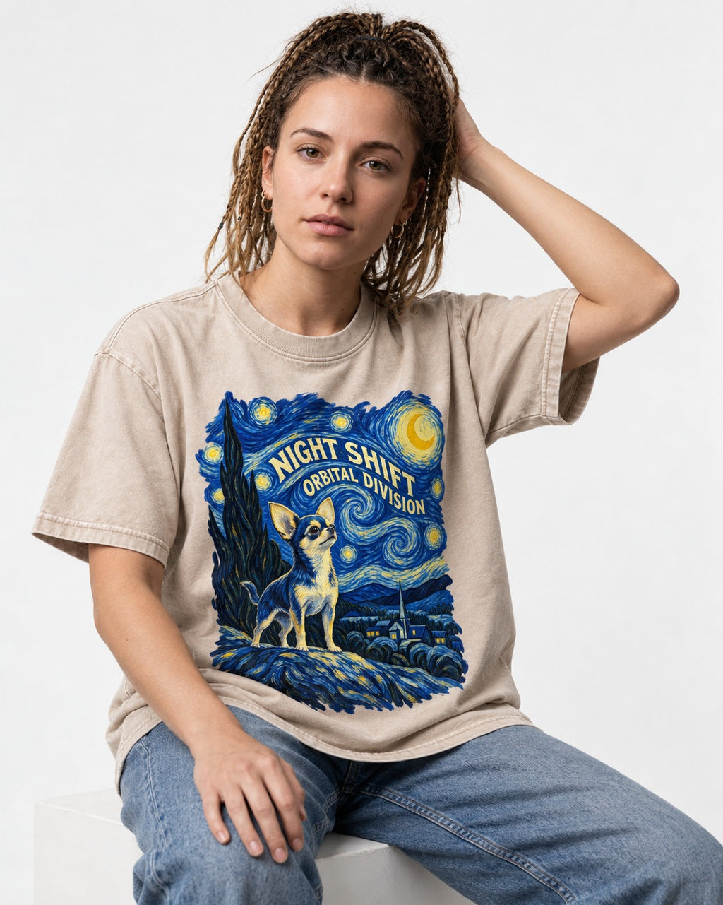 Chihuahua Night Shift Orbital Division Starry Night Graphic Washed Tee in Apricot, worn by a seated model