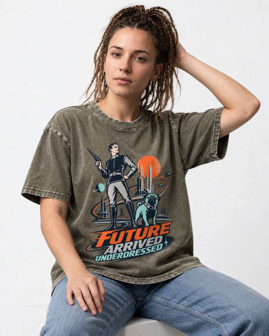 Pug Future Arrived Underdressed Space Hero Graphic Washed Tee in Army Green, worn by a seated model