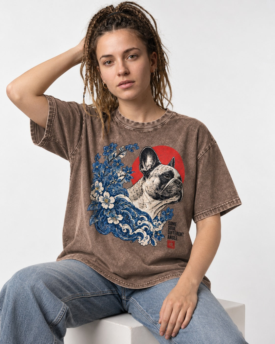 Some Soul Different Angle Frenchie Washed Tee in Coffee, worn by a seated model